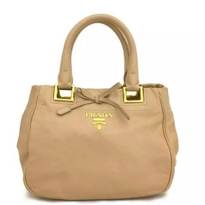 PRADA Logo Ribbon Leather Tote Nude Hand Bag
w/Shoulder Strap Luxury Bag…